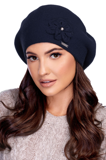 Carmen women's smooth beret with decoration B-04, Dark Blue