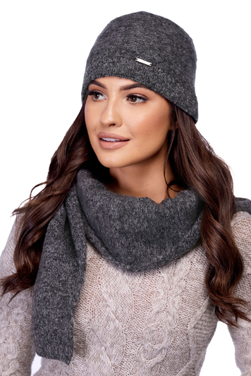 Carmen women's smooth classic winter hat and scarf set K-42, Dark Grey