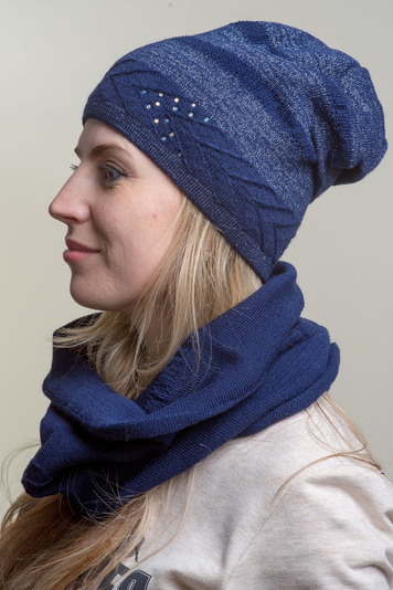 Fil'loo KPL-17-14 women's hat and snood set patterned winter warm - made in EU, Dark Blue