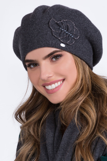 Kamea women's woolen floral beret Justa, Dark Grey