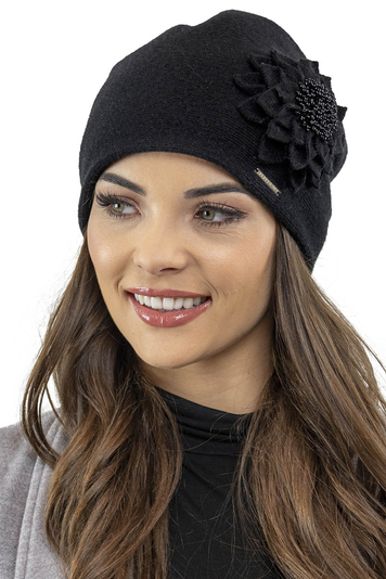 Vivisence Classic Ladies Hat with Wool Flower Appliqué 7052, Made in EU , Black