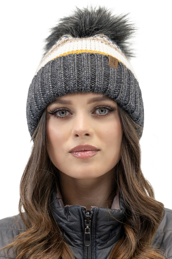 Vivisence Colourful Winter Hat With Large Eco-Friendly Pom-Pom Perfect Fit Made Of Warm Yarn With Wool Soft Antistatic Fleece Lining Eco-Leather Patch Ideal For Cold Winter Days, Dark Grey