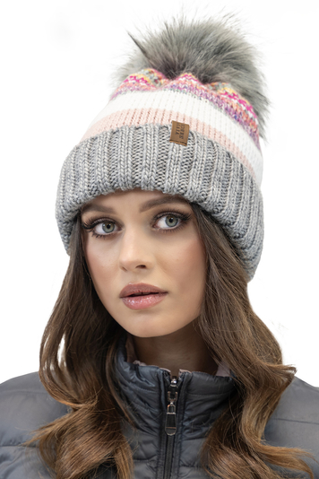 Vivisence Colourful Winter Hat With Large Eco-Friendly Pom-Pom Perfect Fit Made Of Warm Yarn With Wool Soft Antistatic Fleece Lining Eco-Leather Patch Ideal For Cold Winter Days, Grey