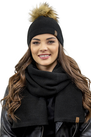 Vivisence Damen Winter Hat with Bobble and Loop Scarf Set Warm and Cozy Headgear for Winter and Autumn Warm Thick, Winter Set for Ladies, Made in The EU, Black