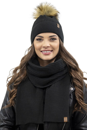 Vivisence Damen Winter Hat with Bobble and Scarf Set Warm and Cozy Headgear for Winter and Autumn Warm Thick, Winter Set for Ladies, Made in The EU, Black