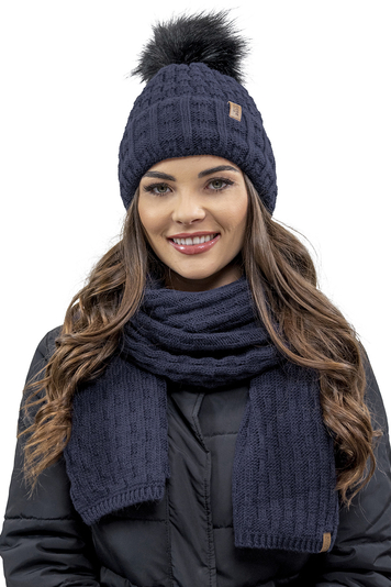 Vivisence Damen Winter Hat with Bobble and Scarf Set Warm and Cozy Headgear for Winter and Autumn Warm Thick, Winter Set for Ladies, Made in The EU, Dark Blue