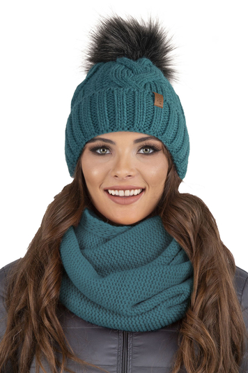 Vivisence Damen Winter Hat with Bobble and Scarf Set Warm and Cozy Headgear for Winter and Autumn Warm Thick, Winter Set for Ladies, Made in The EU, Dark Rurquoise