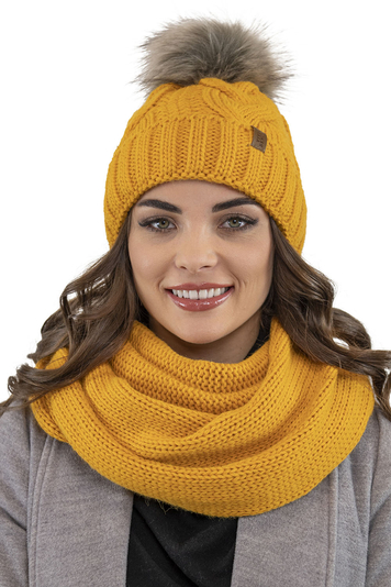 Vivisence Damen Winter Hat with Bobble and Scarf Set Warm and Cozy Headgear for Winter and Autumn Warm Thick, Winter Set for Ladies, Made in The EU, Honey