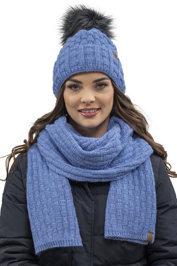 Vivisence Damen Winter Hat with Bobble and Scarf Set Warm and Cozy Headgear for Winter and Autumn Warm Thick, Winter Set for Ladies, Made in The EU, Jeans