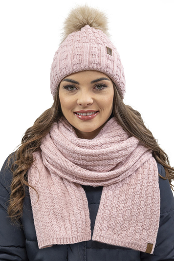 Vivisence Damen Winter Hat with Bobble and Scarf Set Warm and Cozy Headgear for Winter and Autumn Warm Thick, Winter Set for Ladies, Made in The EU, Light Pink