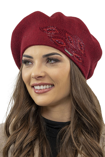 Vivisence Elegant Winter Beret For Women With Classic Style And Zirconia Accents Made From Warm Fabric Perfectly Fitted Ideal For Cold Winter And Autumn Days, Maroon