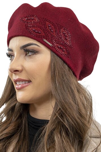 Vivisence Elegant Winter Beret For Women With Classic Style And Zirconia Accents Made From Warm Fabric Perfectly Fitted Ideal For Cold Winter And Autumn Days, Maroon