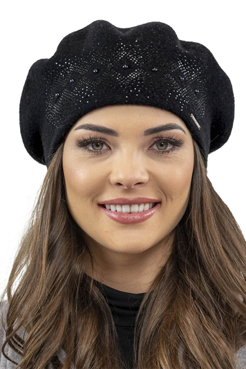 Vivisence Elegant Winter Beret For Women With Classic Style And Zirconia Details Perfectly Fitted Ideal For Cold Winter And Autumn Days Great Gift Idea, Black