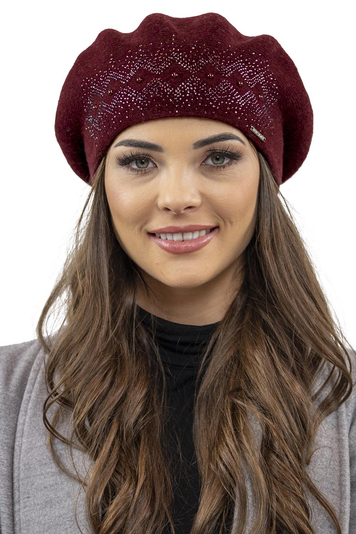 Vivisence Elegant Winter Beret For Women With Classic Style And Zirconia Details Perfectly Fitted Ideal For Cold Winter And Autumn Days Great Gift Idea, Maroon