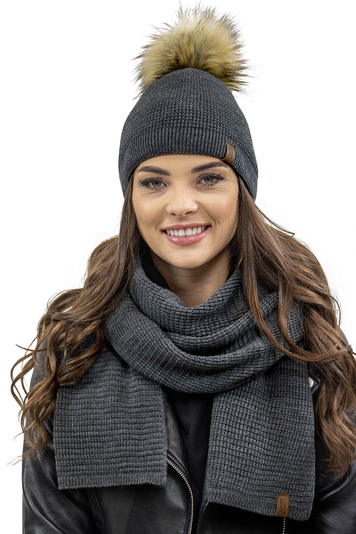 Vivisence Elegant Winter Set for Women with Pompom Hat and Warm Scarf Perfect for Cold Winter Days Ideal for Both Casual and Formal Outfits Made from Warm and Soft Acrylic Fabric , Dark Grey