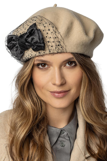 Vivisence Elegant Winter Women's Beret with Satin Bow and Sparkling Zircons Made From Warm Wool Perfect Fit for Winter Each Piece Uniquely Hand-Embroidered Ideal For Cold Winter Days, Beige