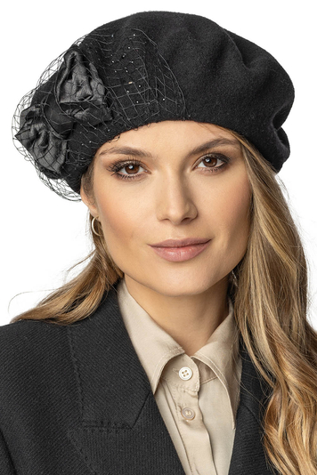 Vivisence Elegant Winter Women's Beret with Satin Bow and Sparkling Zircons Made From Warm Wool Perfect Fit for Winter Each Piece Uniquely Hand-Embroidered Ideal For Cold Winter Days, Black