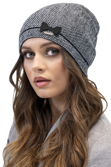 Vivisence Elegant Women's Beanie With Herringbone Pattern And Adorable Bow Made From Soft And Warm Fabric Blend Ideal For Cold Winter And Autumn Weather, Black