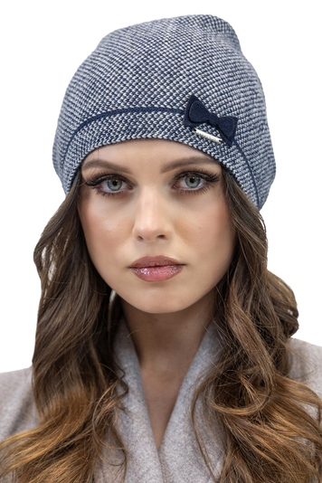 Vivisence Elegant Women's Beanie With Herringbone Pattern And Adorable Bow Made From Soft And Warm Fabric Blend Ideal For Cold Winter And Autumn Weather, Dark Blue