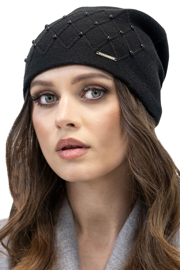 Vivisence Elegant Women's Winter Beanie With Pleated Back And Pearl Beads Made Of Warm Soft And Thick Fabric Ideal For Cold Winter And Autumn Days , Black