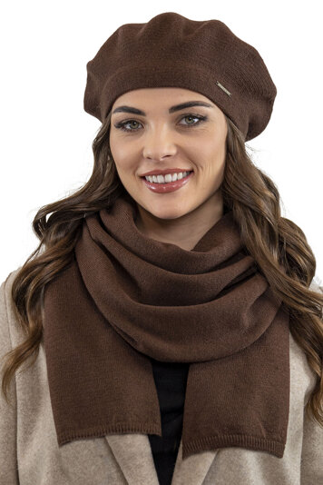 Vivisence Elegant Women's Winter Beret And Scarf Set Made Of Warm Thick And Soft Fabric With Wool Blend For Ladies Ideal For Cold Winter And Autumn Days , Brown