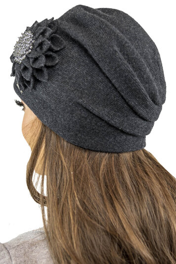 Vivisence Elegant Women's Winter Cap With Floral Decoration Static-Free Effect Perfectly Fitted Ideal For Cold Winter And Autumn Days Great Gift Idea , Dark Grey