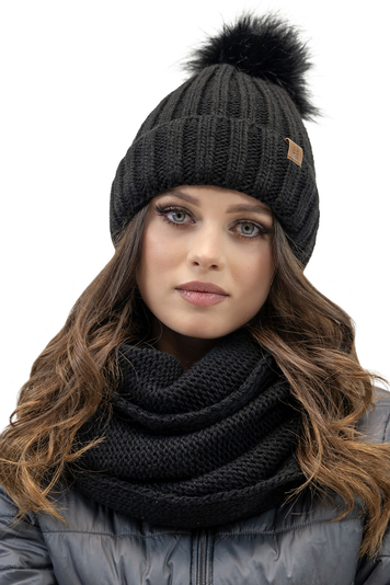 Vivisence Elegant Women’s Winter Hat and Snood Scarf Set with Pom-Pom Made from Warm Thick Yarn Anti-Static Cozy Fleece Lining Versatile Scarf Perfect for Cold Weather, Black