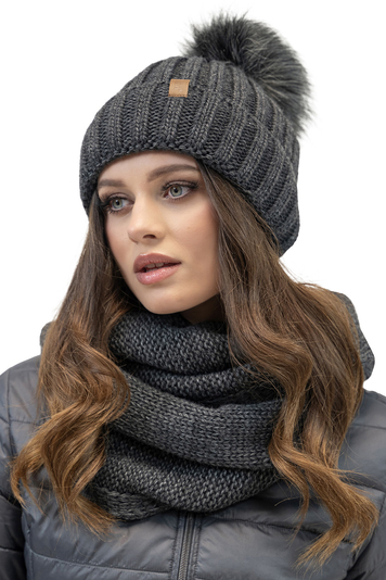 Vivisence Elegant Women’s Winter Hat and Snood Scarf Set with Pom-Pom Made from Warm Thick Yarn Anti-Static Cozy Fleece Lining Versatile Scarf Perfect for Cold Weather, Graphite