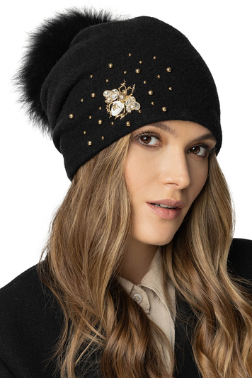 Vivisence Elegant Women's Winter Hat with Detachable Pom-Pom Luxurious Hand-Embroidered Insect Decoration Warm Fleece Lining Perfect Fit for Cold Winter And Autumn Days, Black