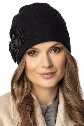 Vivisence Elegant Women's Winter Hat with Hand-Tanned Satin Roses Pearls Made From Warm And Soft Wool Perfect Fit with Elastic Band for Cold Winter And Autumn Days, Black