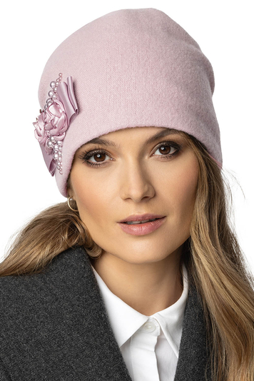 Vivisence Elegant Women's Winter Hat with Hand-Tanned Satin Roses Pearls Made From Warm And Soft Wool Perfect Fit with Elastic Band for Cold Winter And Autumn Days, Powder Pink