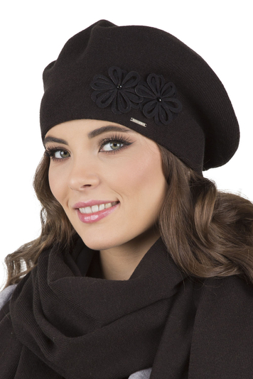 Vivisence Elegant Women's Winter Set Beret And Scarf With Classic Design And Floral Decoration Made Of Warm And Soft Fabric With Wool Blend Ideal For Cold Winter Days , Black