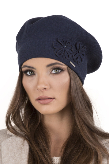 Vivisence Elegant Women's Winter Set Beret And Scarf With Classic Design And Floral Decoration Made Of Warm And Soft Fabric With Wool Blend Ideal For Cold Winter Days , Dark Blue