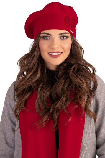 Vivisence Elegant Women's Winter Set Beret And Scarf With Classic Design And Floral Decoration Made Of Warm And Soft Fabric With Wool Blend Ideal For Cold Winter Days , Red