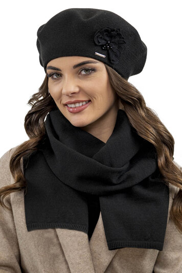 Vivisence Elegant Women's Winter Set Classic Beret And Matching Wool Scarf Made From Warm And Soft Fabric Ideal For Cold Winter And Autumn Weather, Black