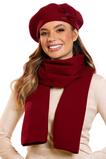 Vivisence Elegant Women's Winter Set Classic Beret And Matching Wool Scarf Made From Warm And Soft Fabric Ideal For Cold Winter And Autumn Weather, Maroon