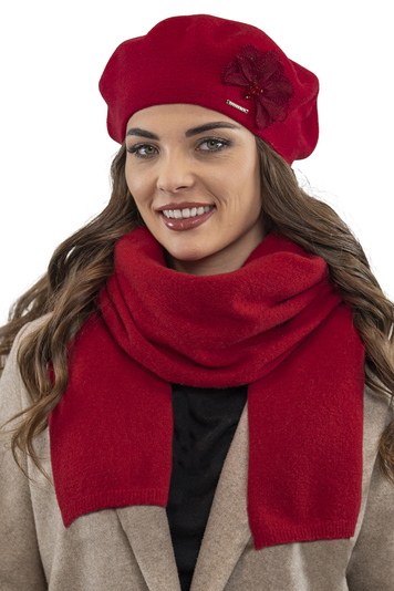 Vivisence Elegant Women's Winter Set Classic Beret And Matching Wool Scarf Made From Warm And Soft Fabric Ideal For Cold Winter And Autumn Weather, Red