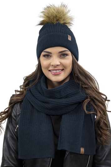 Vivisence Elegant Women’s Winter Set Classic Style Hat with Faux Fur Pom-Pom and Matching Scarf Warm and Static-Free Fabric Perfect for Both Elegant and Sporty Outfits Great Gift Idea, Dark Blue