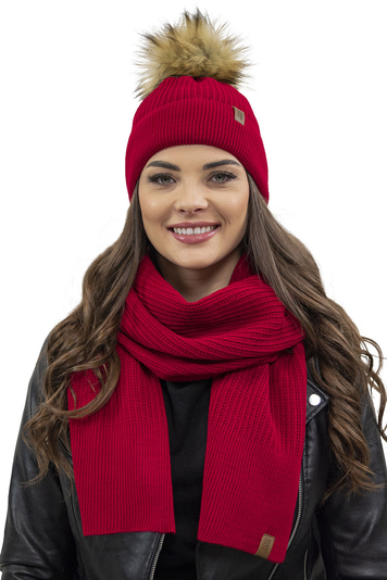 Vivisence Elegant Women’s Winter Set Classic Style Hat with Faux Fur Pom-Pom and Matching Scarf Warm and Static-Free Fabric Perfect for Both Elegant and Sporty Outfits Great Gift Idea, Red