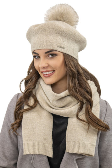 Vivisence Elegant Women's Winter Set Including Beret With Pompom And Matching Scarf Made Of Warm Fabric Perfect For Cold Winter And Autumn Days, Beige