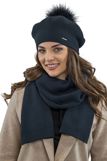 Vivisence Elegant Women's Winter Set Including Beret With Pompom And Matching Scarf Made Of Warm Fabric Perfect For Cold Winter And Autumn Days, Dark Blue