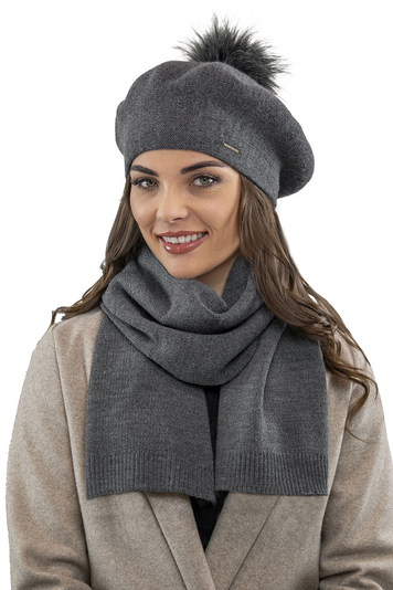 Vivisence Elegant Women's Winter Set Including Beret With Pompom And Matching Scarf Made Of Warm Fabric Perfect For Cold Winter And Autumn Days, Dark Grey