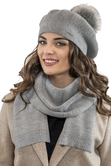 Vivisence Elegant Women's Winter Set Including Beret With Pompom And Matching Scarf Made Of Warm Fabric Perfect For Cold Winter And Autumn Days, Light Grey