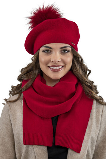 Vivisence Elegant Women's Winter Set Including Beret With Pompom And Matching Scarf Made Of Warm Fabric Perfect For Cold Winter And Autumn Days, Red