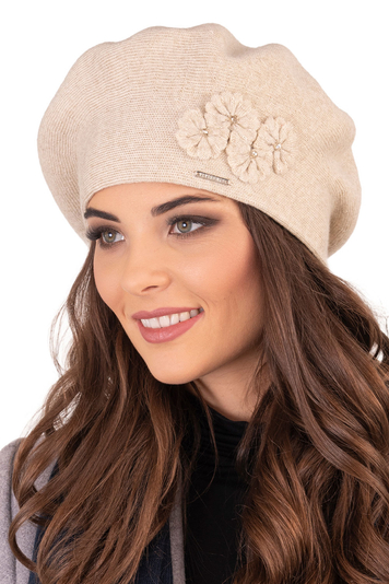 Vivisence Elegant Women's Winter Set Including Classic Beret With Floral Decoration And Matching Long Warm Wool Scarf Ideal For Cold Winter And Autumn Days , Beige