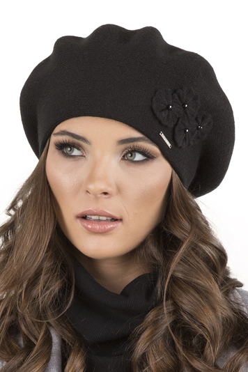 Vivisence Elegant Women's Winter Set Including Classic Beret With Floral Decoration And Matching Long Warm Wool Scarf Ideal For Cold Winter And Autumn Days , Black