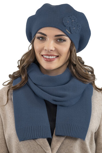 Vivisence Elegant Women's Winter Set Including Classic Beret With Floral Decoration And Matching Long Warm Wool Scarf Ideal For Cold Winter And Autumn Days , Blue