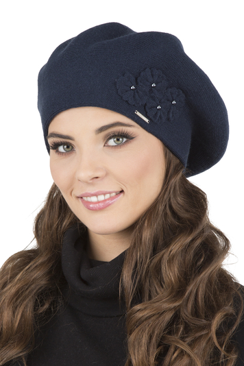 Vivisence Elegant Women's Winter Set Including Classic Beret With Floral Decoration And Matching Long Warm Wool Scarf Ideal For Cold Winter And Autumn Days , Dark Blue