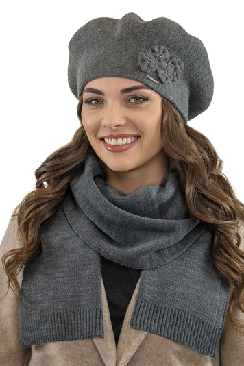 Vivisence Elegant Women's Winter Set Including Classic Beret With Floral Decoration And Matching Long Warm Wool Scarf Ideal For Cold Winter And Autumn Days , Dark Grey