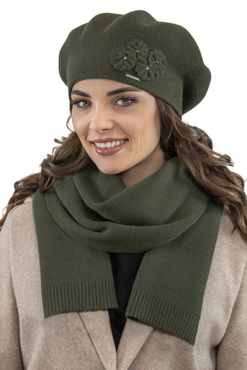 Vivisence Elegant Women's Winter Set Including Classic Beret With Floral Decoration And Matching Long Warm Wool Scarf Ideal For Cold Winter And Autumn Days , Green